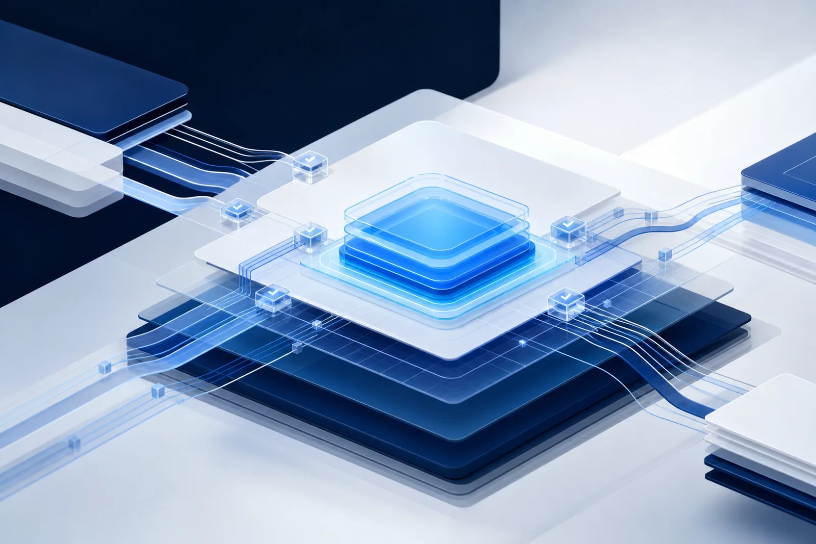 Multiple source signals passing verification checkpoints into a layered enterprise fact core