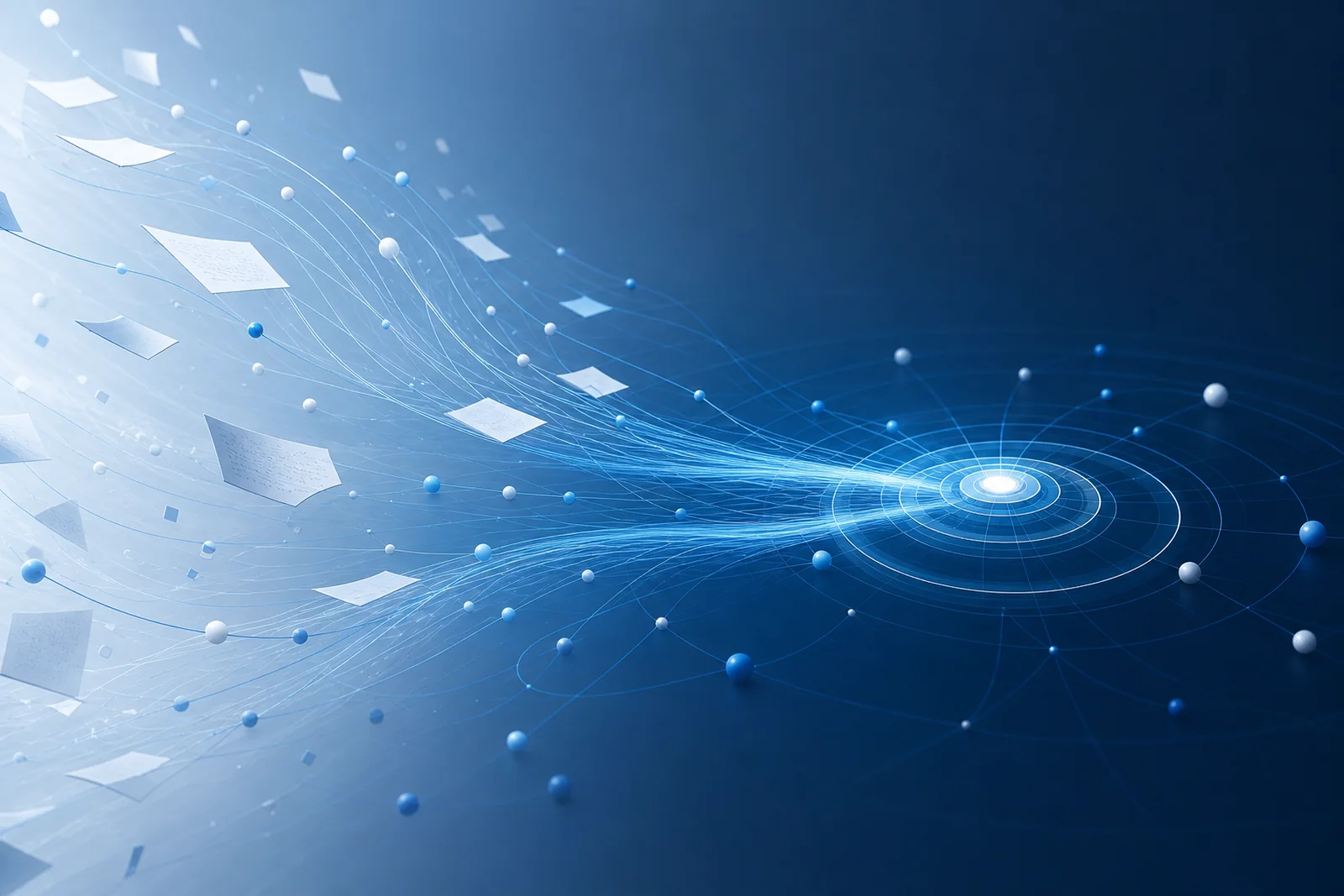 Scattered signals converging along evidence threads into an enterprise fact core