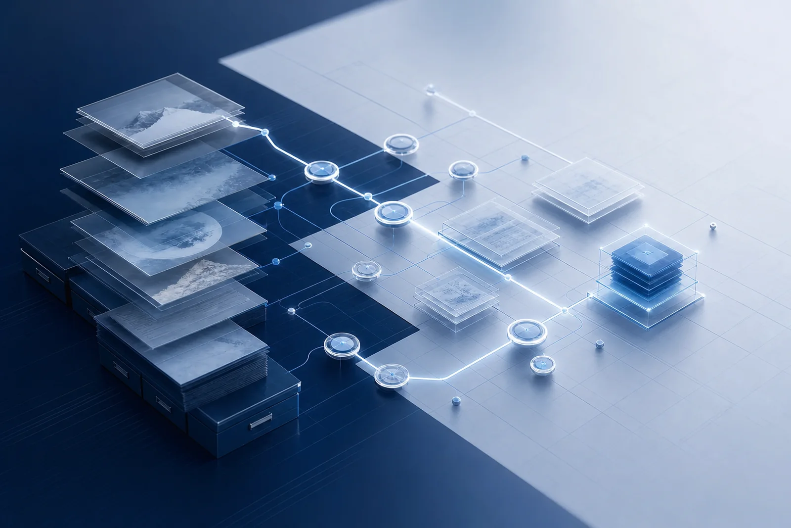 Source files, evidence nodes and approved versions forming a traceable network
