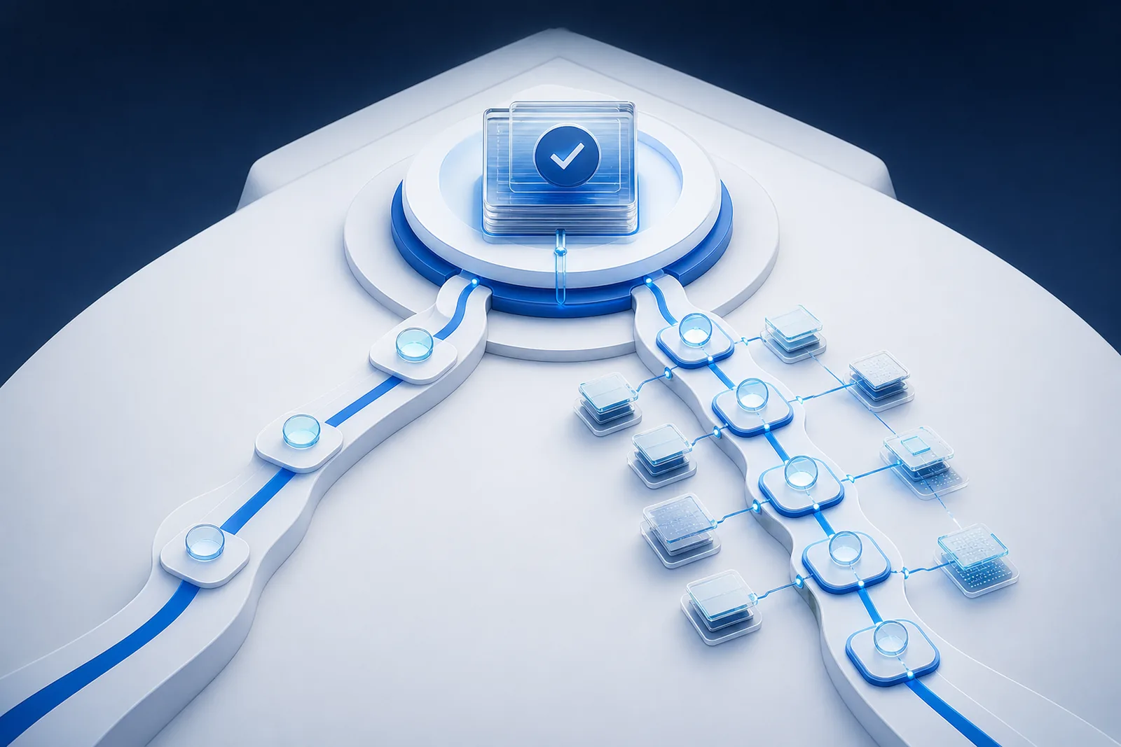 Two working rhythms passing checkpoints toward the same enterprise fact core